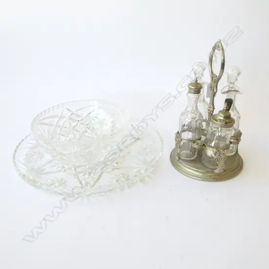 SHEFFIELD CRUET SET + 2 PRESSED GLASS