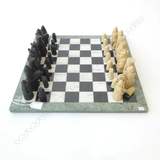 LEWIS CHESSMAN STYLE PIECES w. MARBLE CHESS BOARD 405x405mm