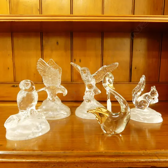 5 GLASS ANIMALS; EAGLE, SQUIRREL, 2 OWLS, SWAN H.200mm