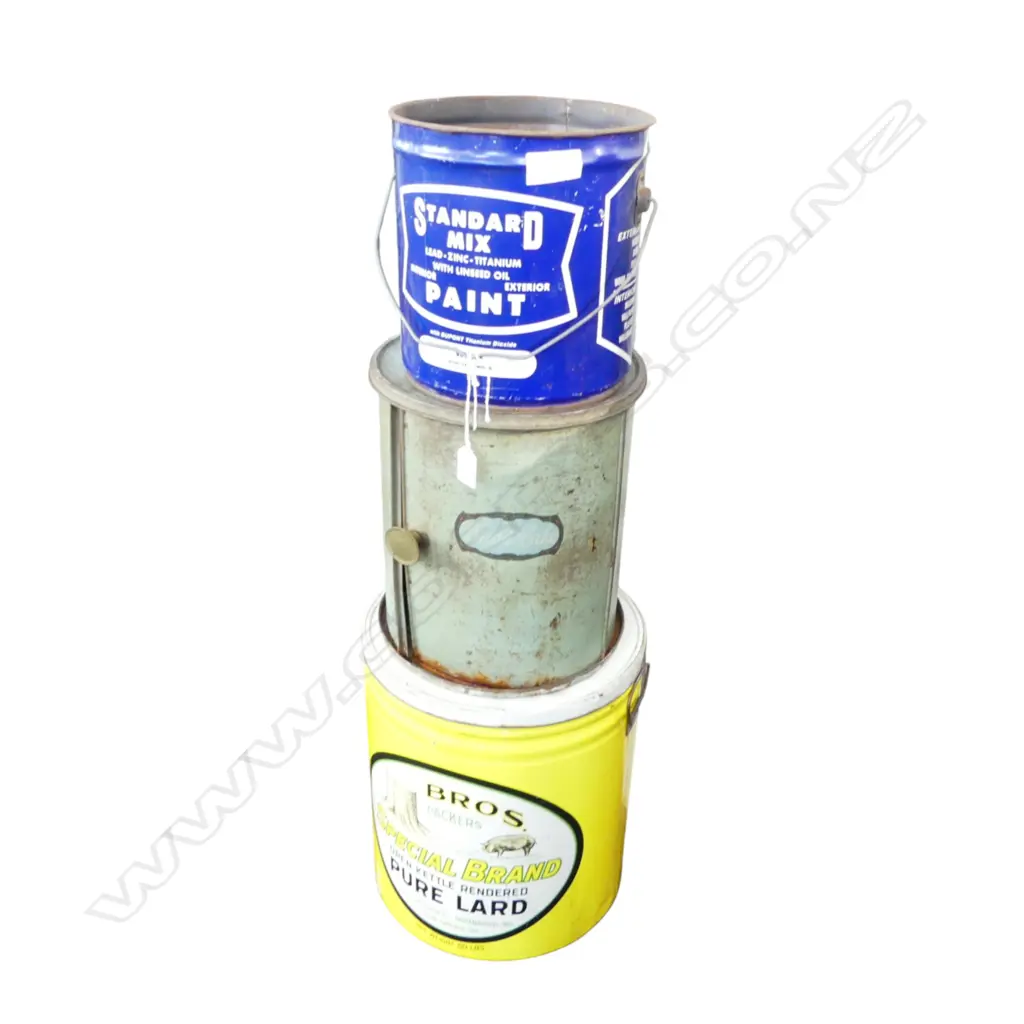 3 VINTAGE TINS; PURE LARD, 'BREAD & CAKES', STANDARD MIX PAINT H.370mm Image 1++