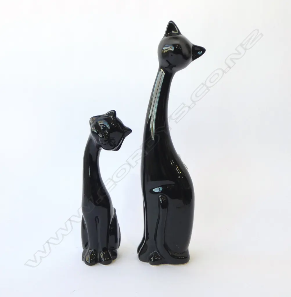 TWO VINTAGE BLACK CERAMIC CATS, H.380MM H.250MM Image 1++