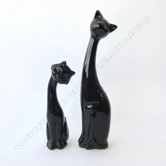 TWO VINTAGE BLACK CERAMIC CATS, H.380MM H.250MM