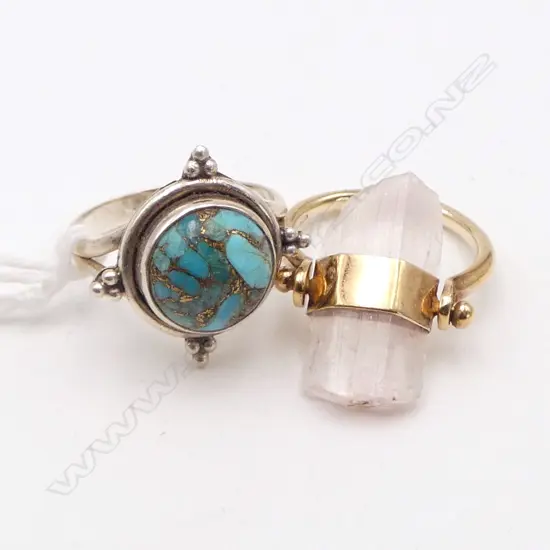 2 925 SILVER RINGS; TURQUOISE size P & QUARTZ size O IN SILVER GILT