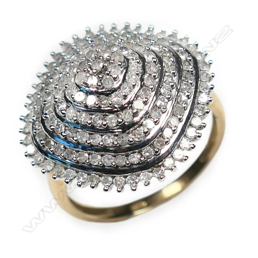 9CT WHITE GOLD & MULTI DIAMOND DESIGNER RING tapered squared shield form 4.4gms SIZE O Image 1++