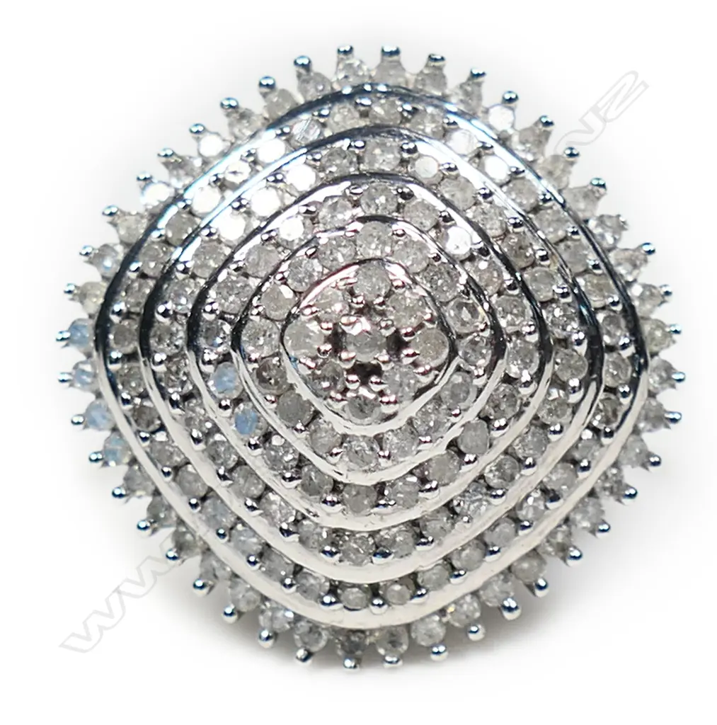 9CT WHITE GOLD & MULTI DIAMOND DESIGNER RING tapered squared shield form 4.4gms SIZE O Image 1++