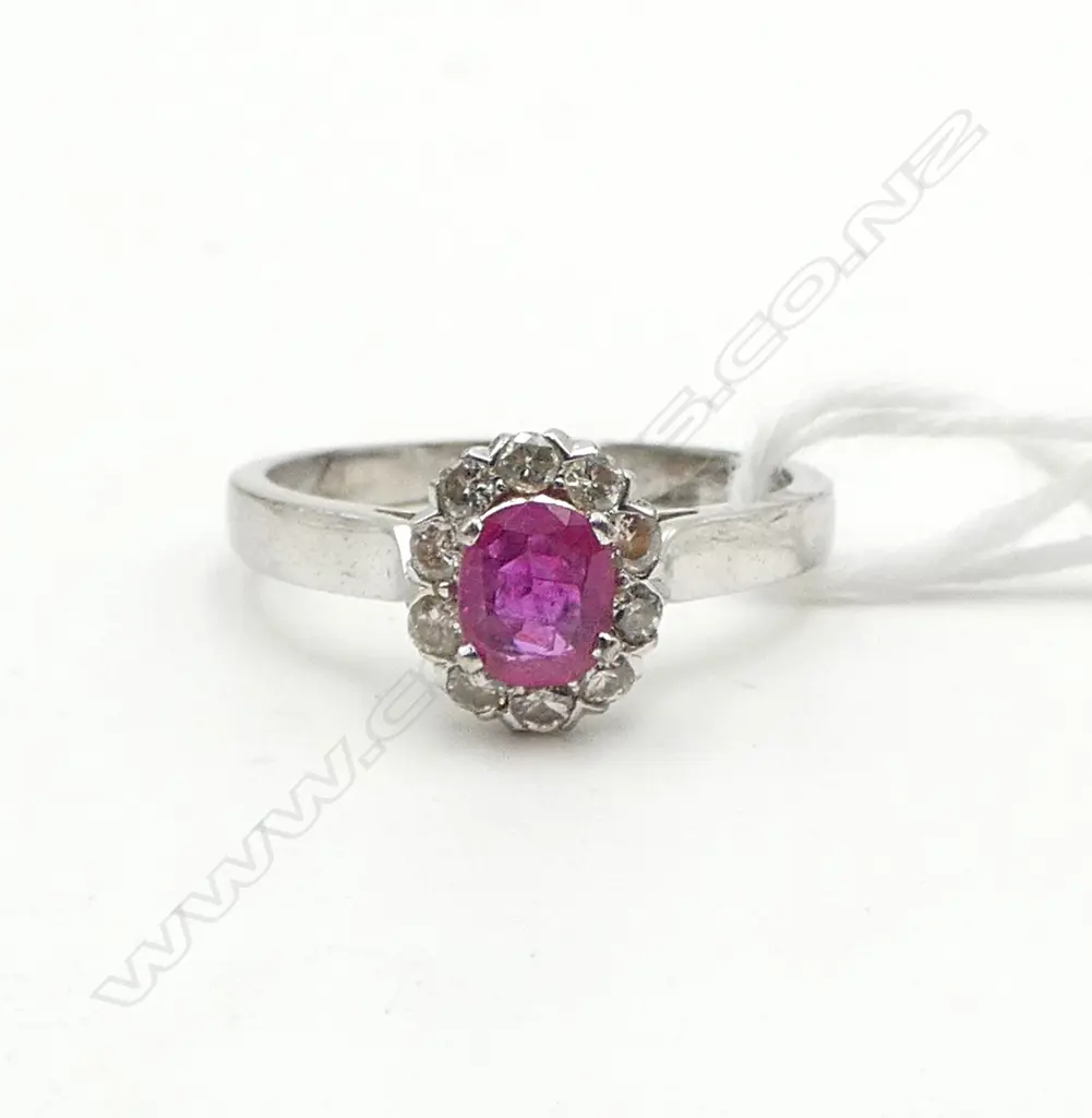Unknown white metal RUBY & DIAMOND RING. SIZE N. 2.7gms Image 1++