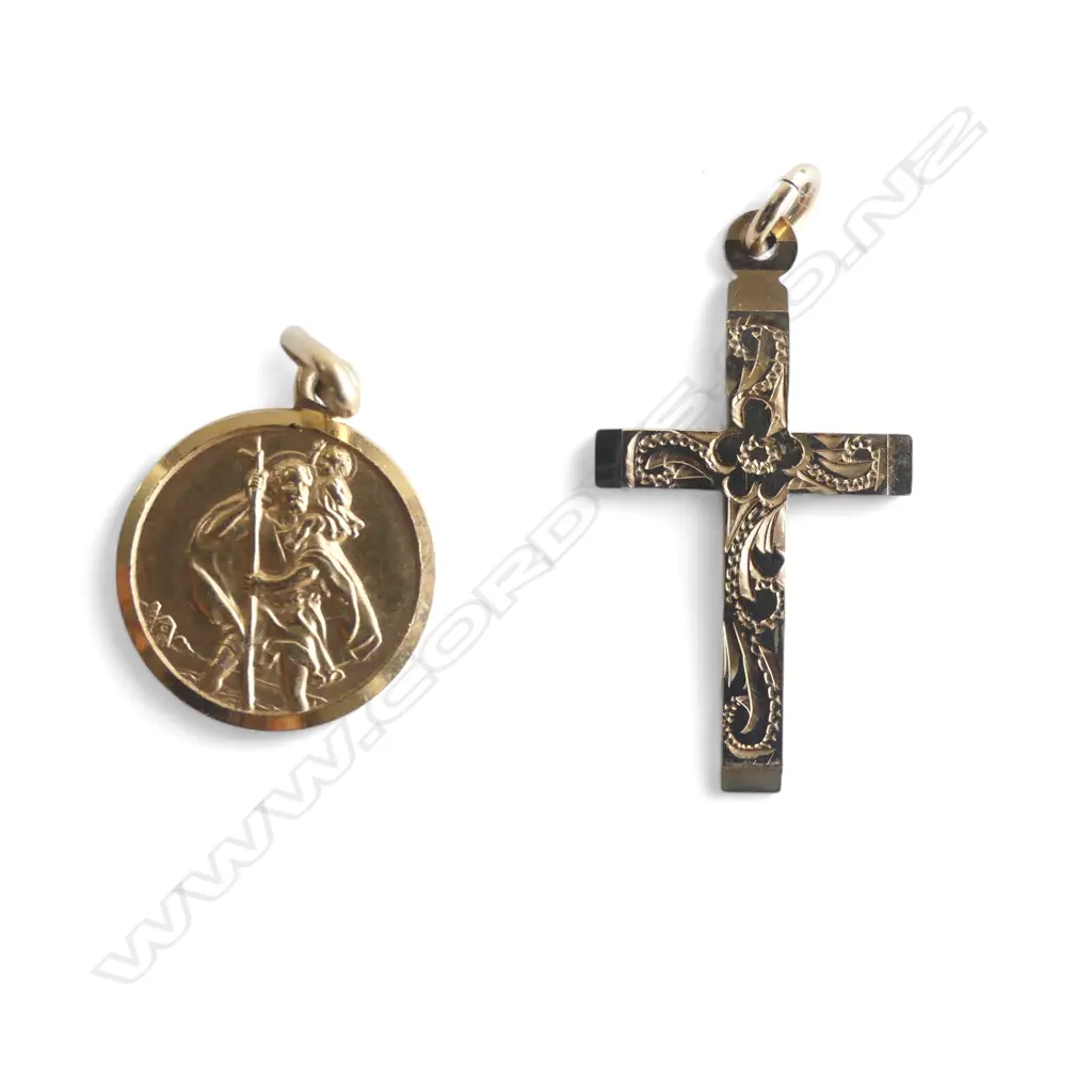 2 9ct RELIGIOUS PENDANTS; CROSS & ST. CHRISTOPHER, 2.7gms  Image 1++