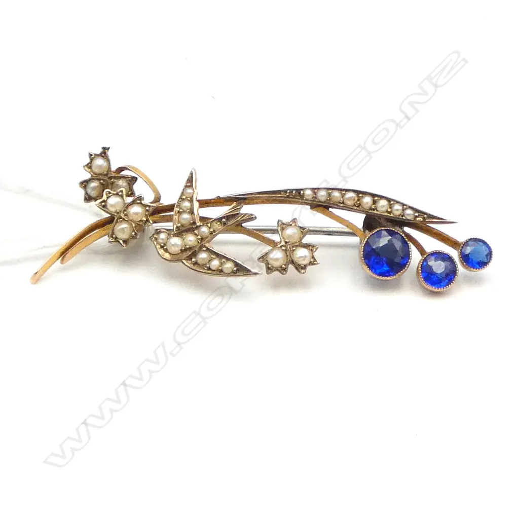 VICTORIAN 9CT GOLD, SEED PEARL & DOUBLET BROOCH, 4.23gms bar replaced? pearls missing Image 1++