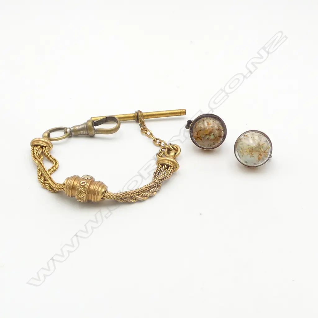 VICTORIAN GOLD PLATE ALBERTINA SHORT CHAIN + PR 9ct GOLD & OPAL composite chip EARRINGS Image 1++