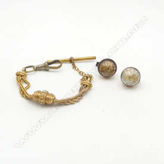 VICTORIAN GOLD PLATE ALBERTINA SHORT CHAIN + PR 9ct GOLD & OPAL composite chip EARRINGS