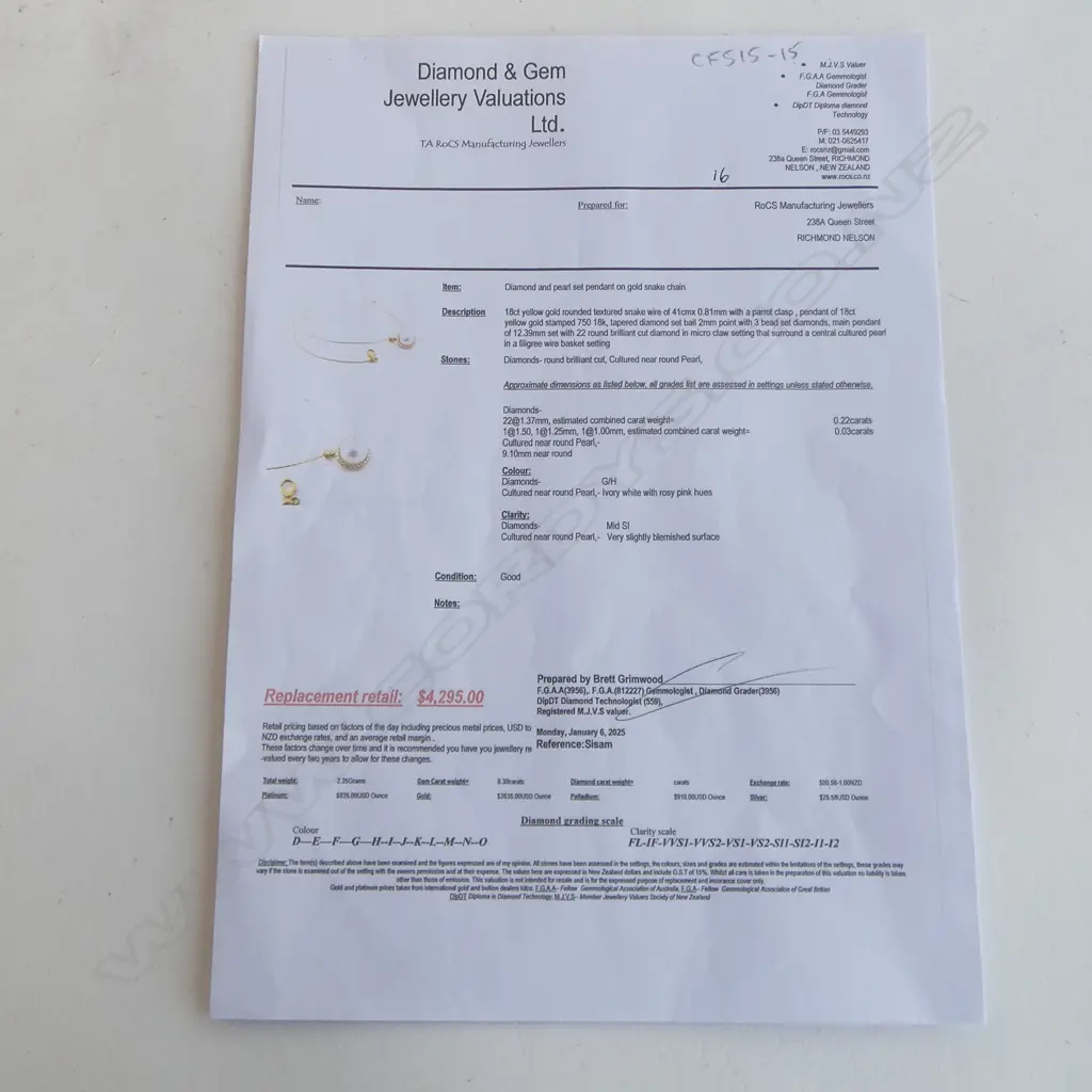 (16) 18CT GOLD DIAMOND AND PEARL PENDANT ON GOLD CHAIN 2.35gms (val $4,295) ATTACHED Image 1++