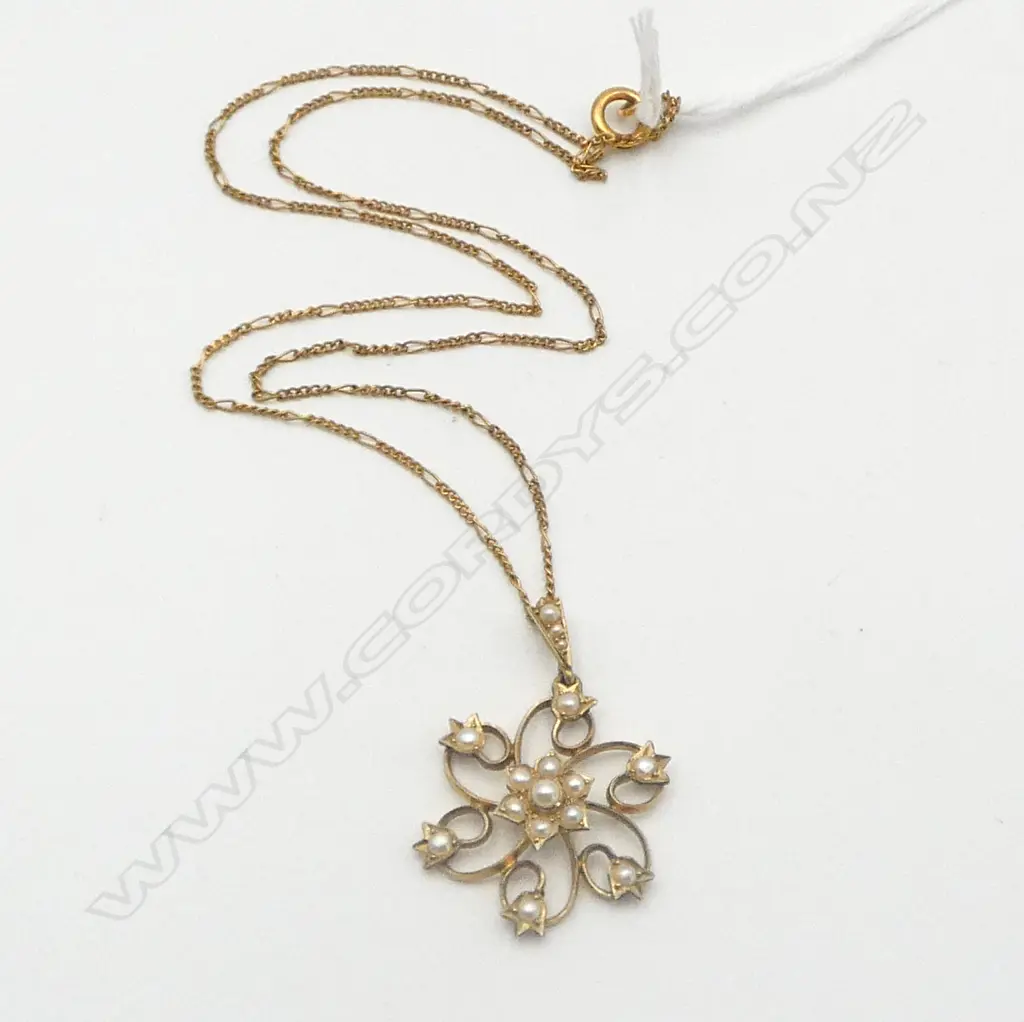EDWARDIAN 9ct SEED PEARL PENDANT 4.22gms ON CHAIN Image 1++