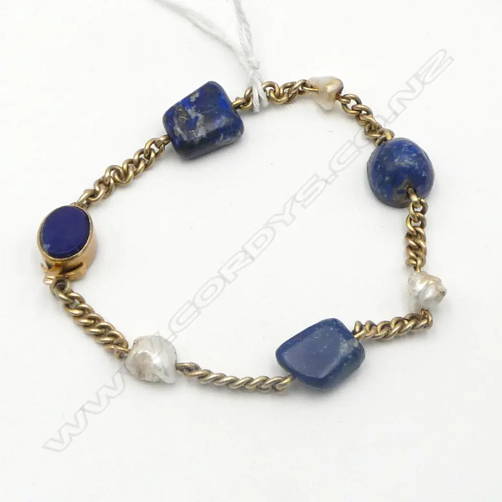 9ct GOLD, LAPIS & PEARL BRACELET, 12.65gms Image 1++