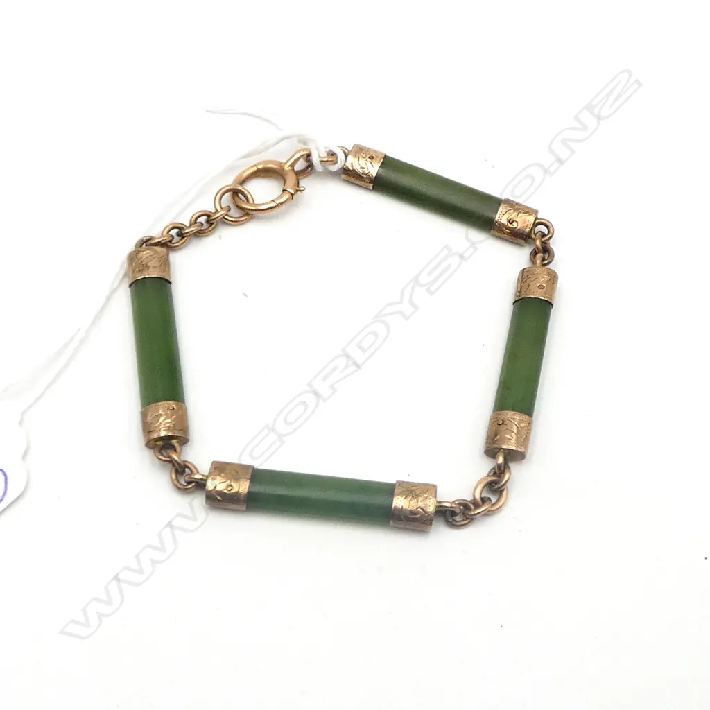 c.1900 NZ POUNAMU & 9ct ROSE GOLD BRACELET Image 1++