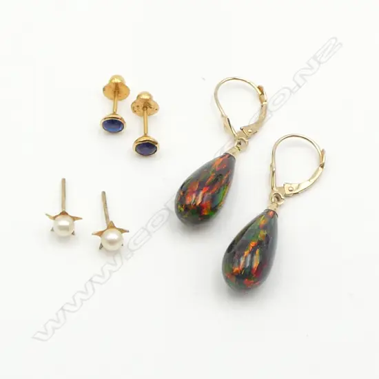 3 PRS GOLD EARRINGS; 14CT FAUX OPAL, 2 PRS STUDS