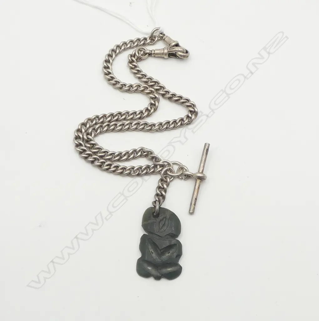 STG SILVER NECLACE w. POUNAMU TIKI PENDANT, 32gms Image 1++
