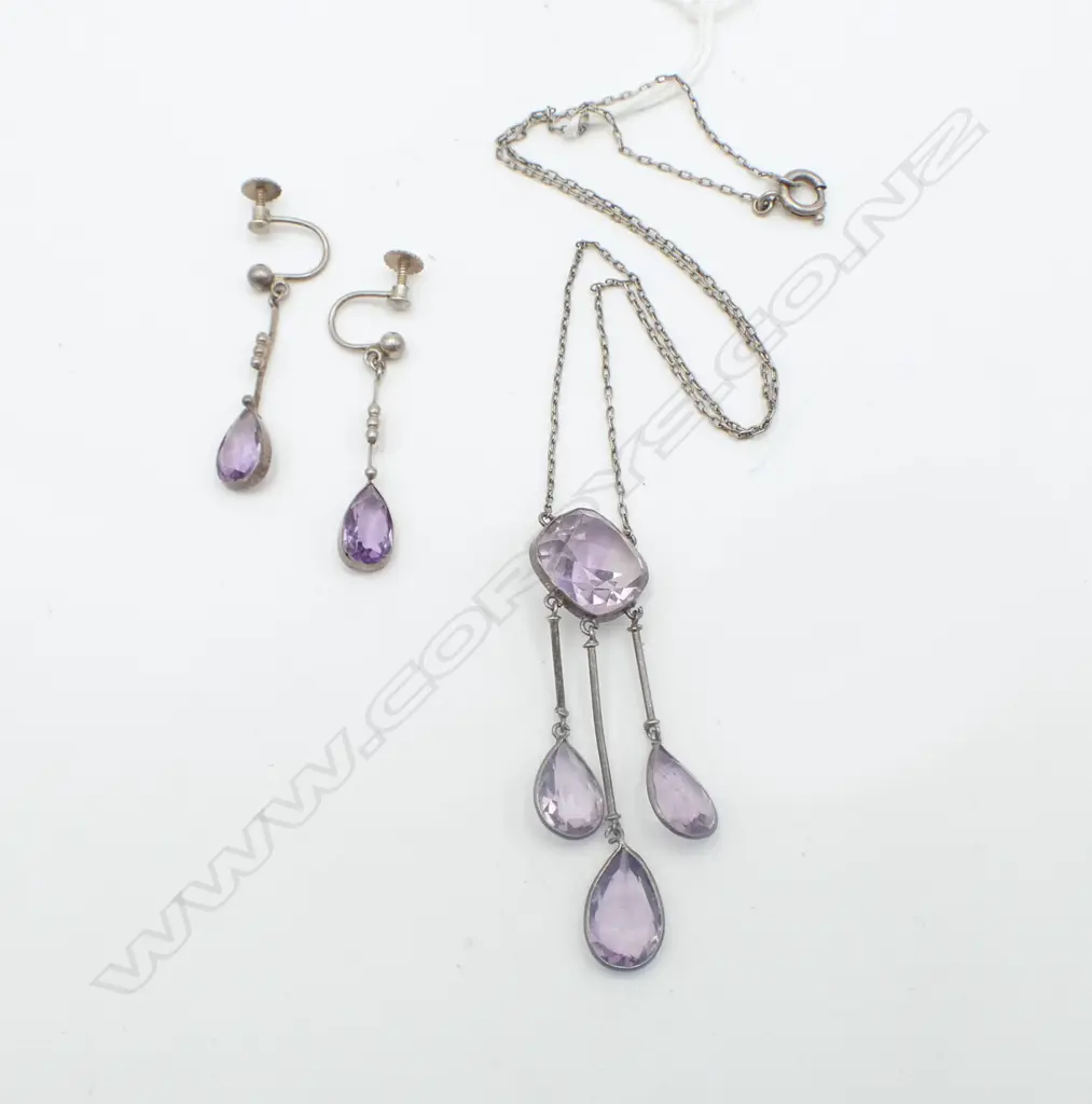 EDWARDIAN SILVER & AMYTHEST NECKLACE + PR EARINGS Image 1++
