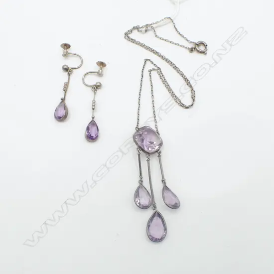 EDWARDIAN SILVER & AMYTHEST NECKLACE + PR EARINGS