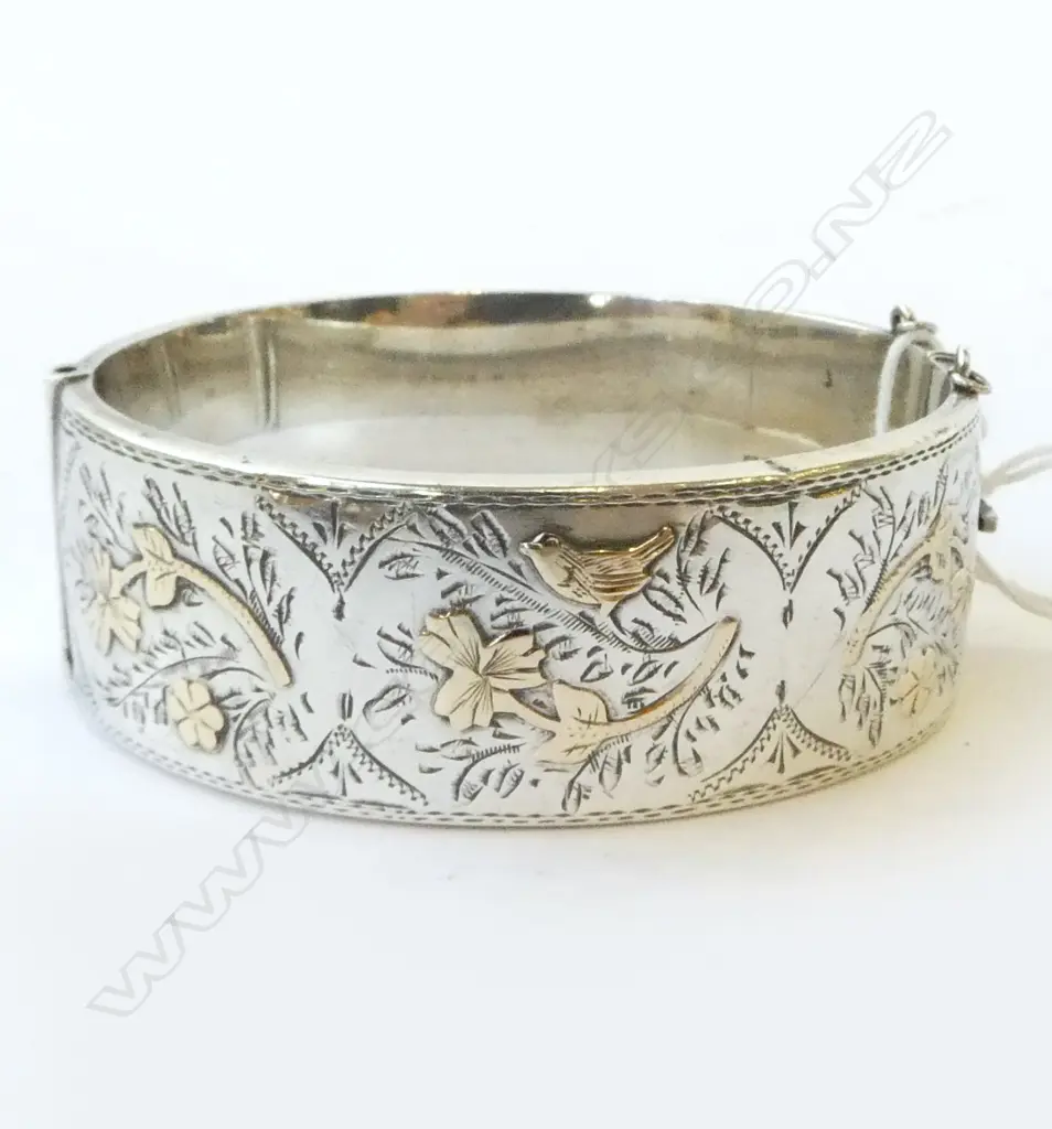 VICTORIAN STYLE, SILVER HINGED BANGLE WITH GOLD HIGHLIGHTS  Image 1++