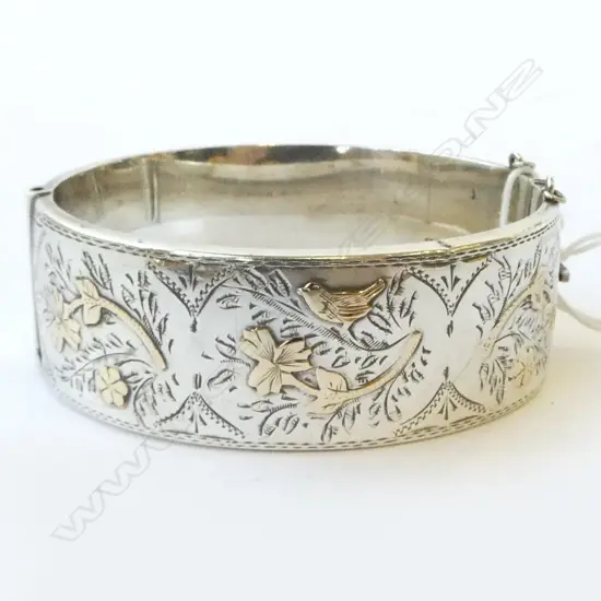 VICTORIAN STYLE, SILVER HINGED BANGLE WITH GOLD HIGHLIGHTS 