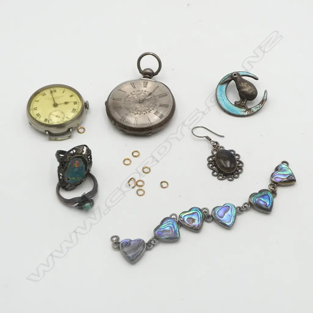 ASST OLD SILVER JEWELLERY: 2 WATCHES + 2 RINGS opal a.f + BRACELET no catch + Kiwi enameled brooch a.f ETC Image 1++