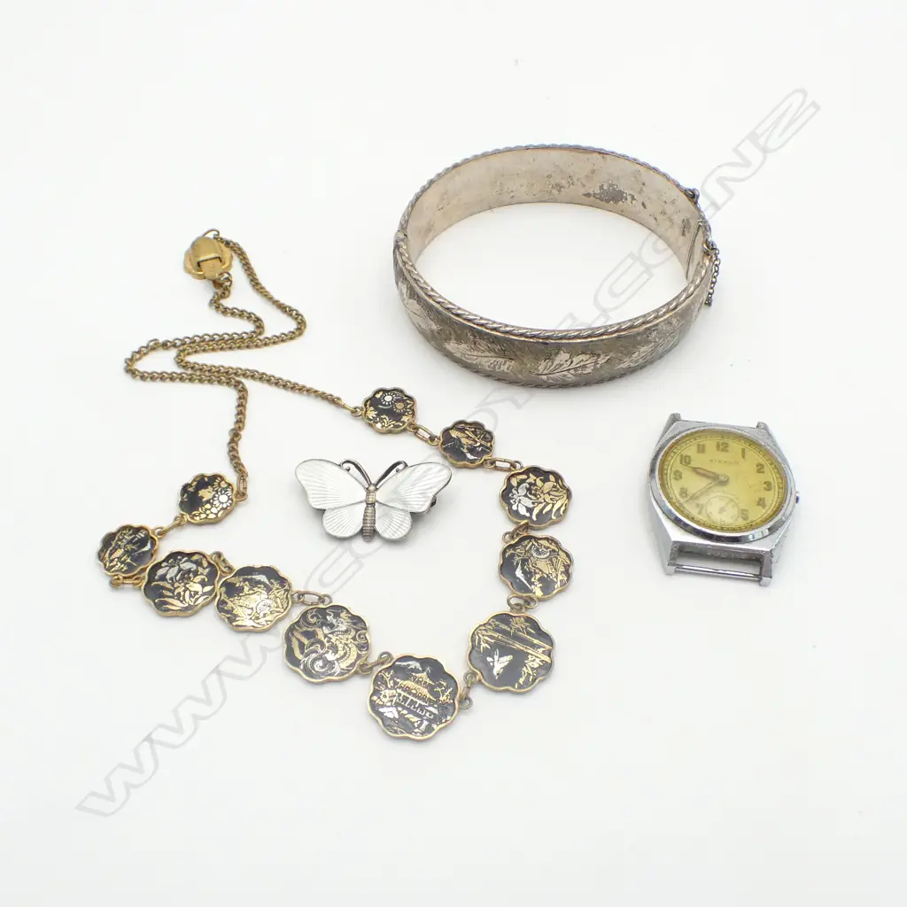 SILVER ENGRAVED HINGED BANGLE + NORWAY STERLING & white enamel moth BROOCH + damascene necklace etc Image 1++
