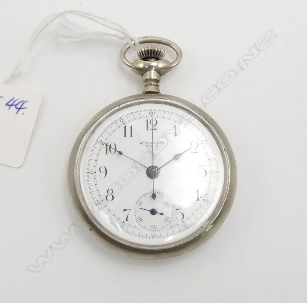 PLATED OPEN FACE POCKET WATCH w stopwatch function named Standard USA. Running Image 1++