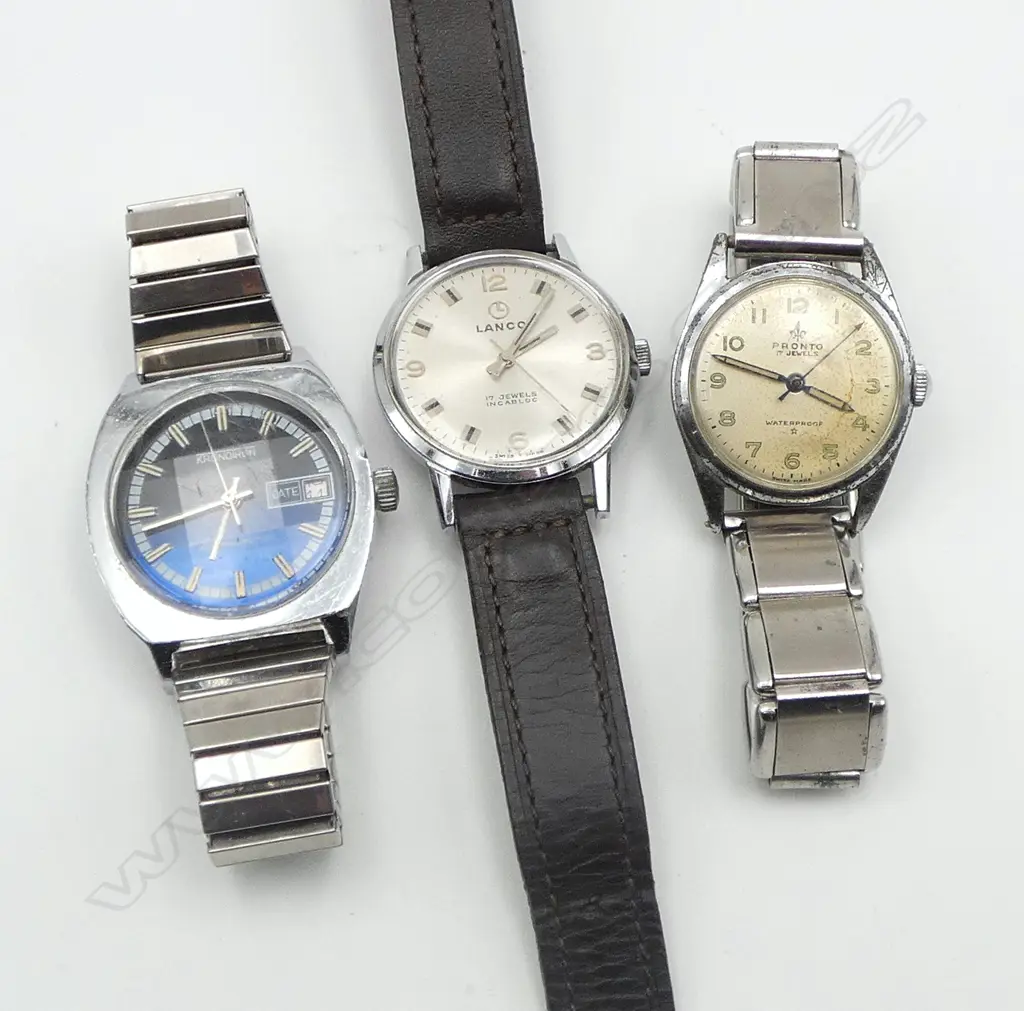 3 GENTS SWISS MANUAL WIND WRIST WATCHES; LANCO, KRONOTRON, PRONTO all running Image 1++