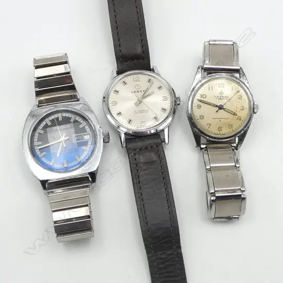 3 GENTS SWISS MANUAL WIND WRIST WATCHES; LANCO, KRONOTRON, PRONTO all running