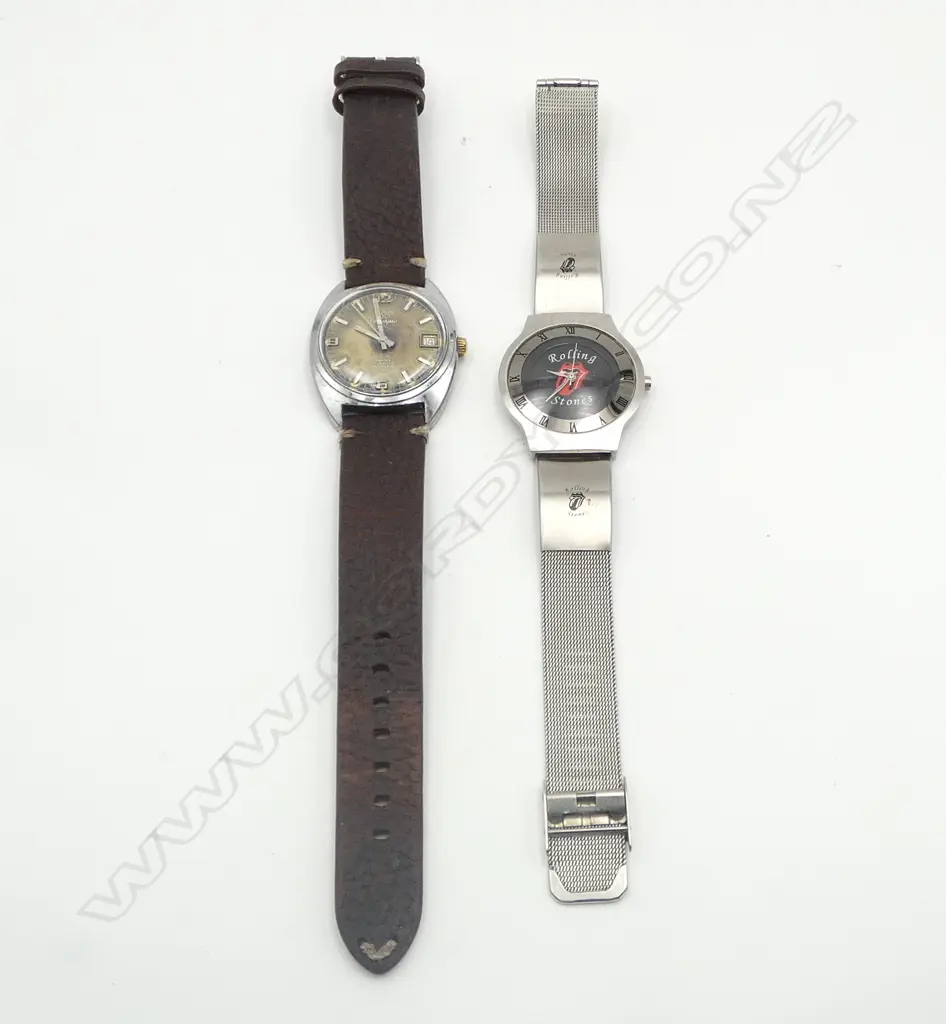 TWO WRISTWATCHES; OLYMPIC MEN'S WATCH, MANUAL WINDING, RUNNING & 1980s ROLLING STONE'S MERCH., RUNNING Image 1++