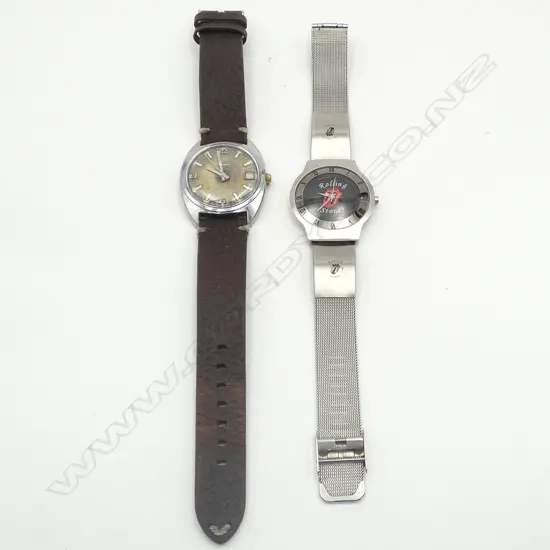 TWO WRISTWATCHES; OLYMPIC MEN'S WATCH, MANUAL WINDING, RUNNING & 1980s ROLLING STONE'S MERCH., RUNNING