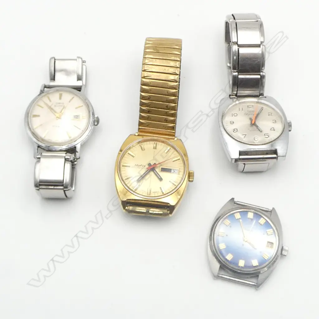 4 VINTAGE GENT'S WRISTWATCHES. Hafis + Olympic + Aroma + Oris Super. 1 w no strap another broken strap Image 1++