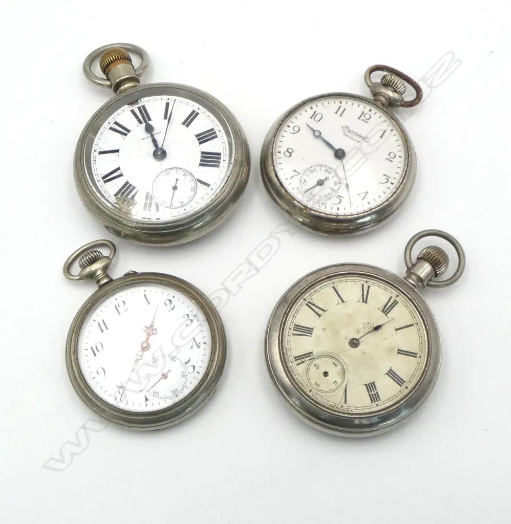 4 SILVER COLOURED METAL POCKET WATCHES (WALTHAM. INGERSOLL) 2x No NAMES (faults) Image 1++