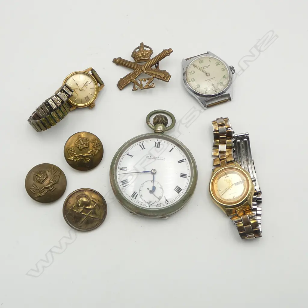 JAS PASCOE POCKET WATCH running + other watches faults + Military buttons + WWI NZ Machine gun Corps cap badge Image 1++