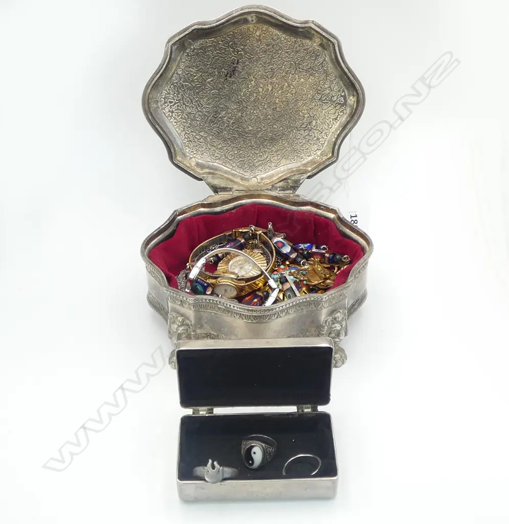 2 SILVER METAL JEWELLERY BOXES + ASST CONTENTS Image 1++