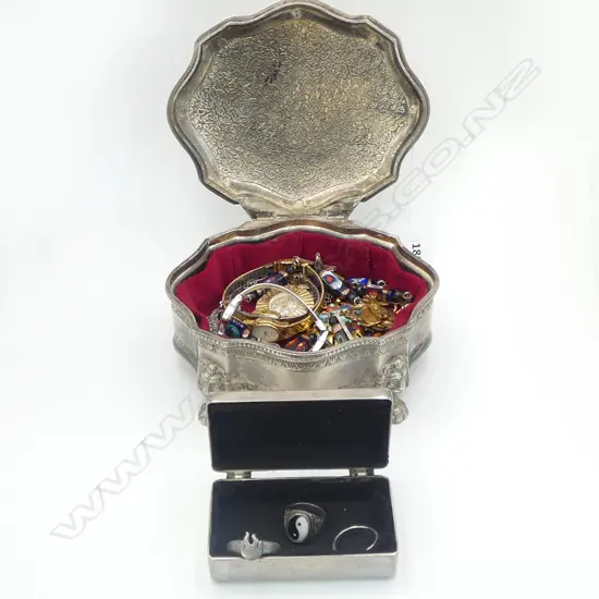 2 SILVER METAL JEWELLERY BOXES + ASST CONTENTS