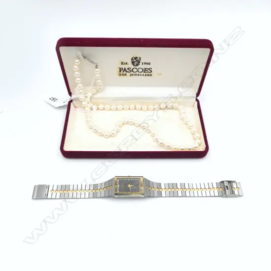 FAUX PEARL NECKLACE w. STG CLASP, BOXED L.510mm & COSTUME DRESS WATCH s/steel/G Plate