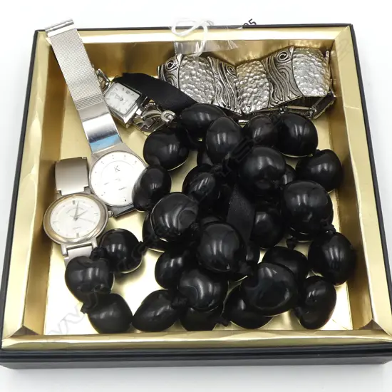 3 S/STEEL LADIES WATCHES, METAL BRACELET, BLACK FIJIAN SEED STYLE NECKLACE