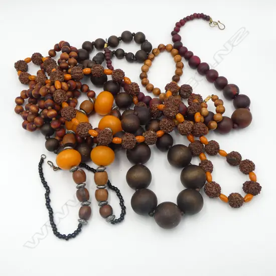 6 BEAD NECKLACES; WOODEN ETC
