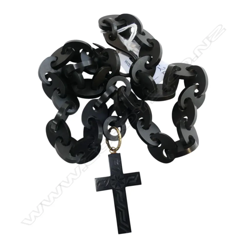 VICTORIAN CARVED JET CROSS on VULCANITE CHAIN Image 1++
