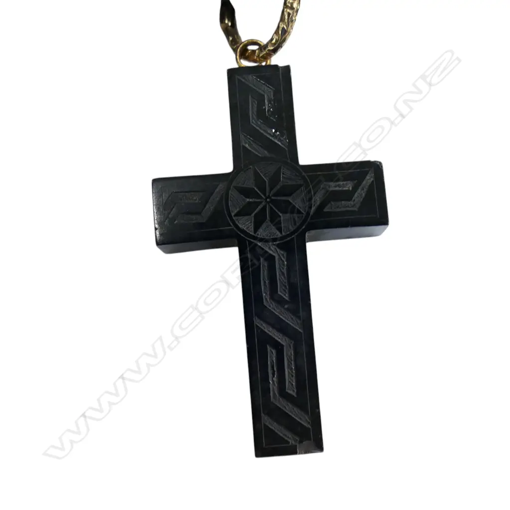 VICTORIAN CARVED JET CROSS on VULCANITE CHAIN Image 1++