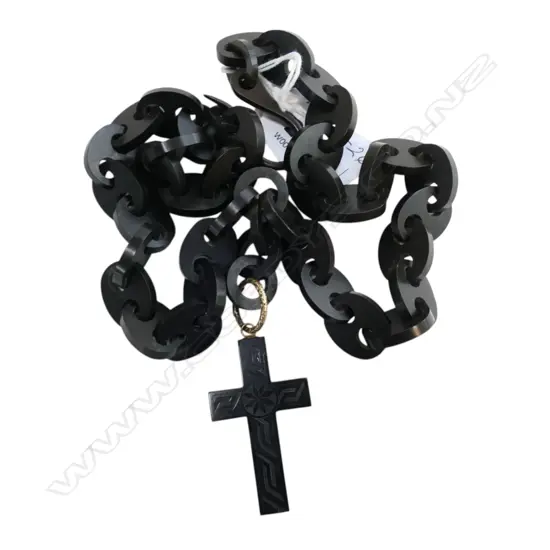 VICTORIAN CARVED JET CROSS on VULCANITE CHAIN