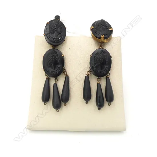 PR VICTORIAN GOLD PLATED JET/BAKELITE? MOURNING EARRINGS, SIGNED