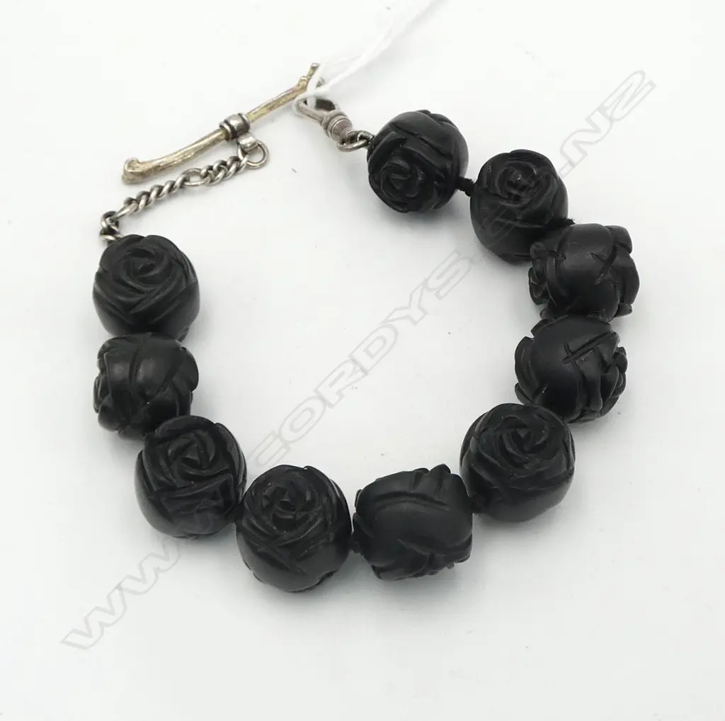 VINTAGE JET? ROSETTE BRACELET w SILVER FOB CLASP Image 1++