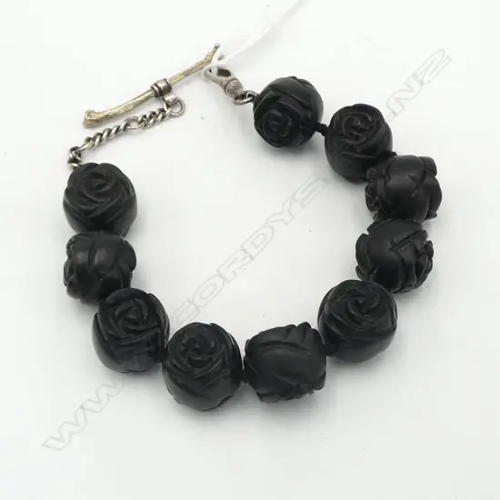 VINTAGE JET? ROSETTE BRACELET w SILVER FOB CLASP