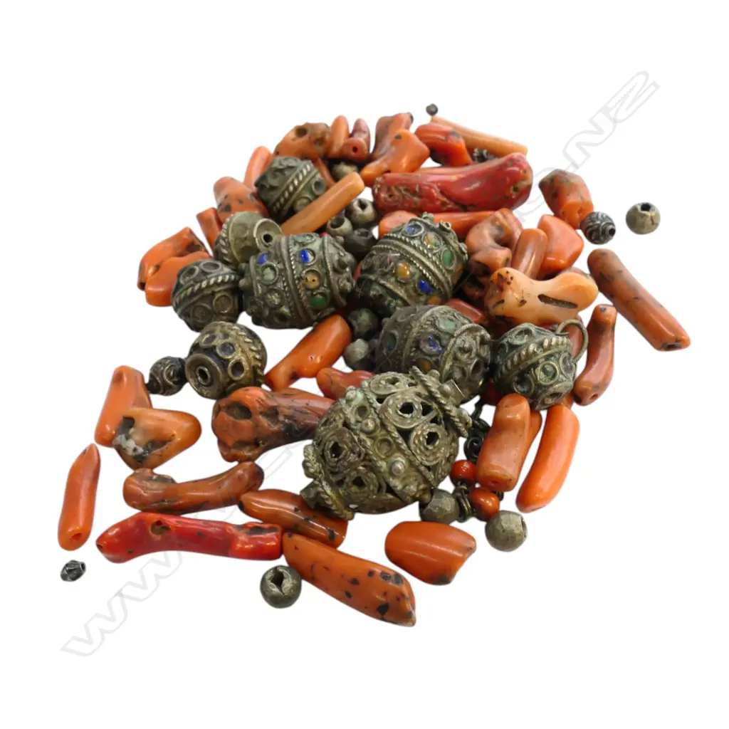 BERBER ENAMELLED ETHNIC SILVER & RED CORAL BEADS (broken necklace) Image 1++