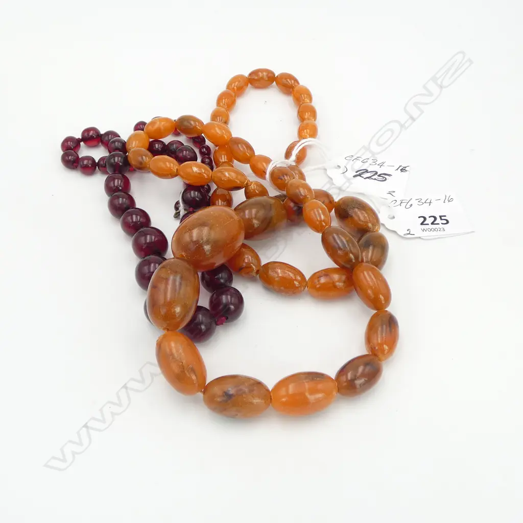 2 BAKELITE? GRADUATED BEAD NECKLACES CHERRY & ORANGE, L.450mm L.720mm Image 1++
