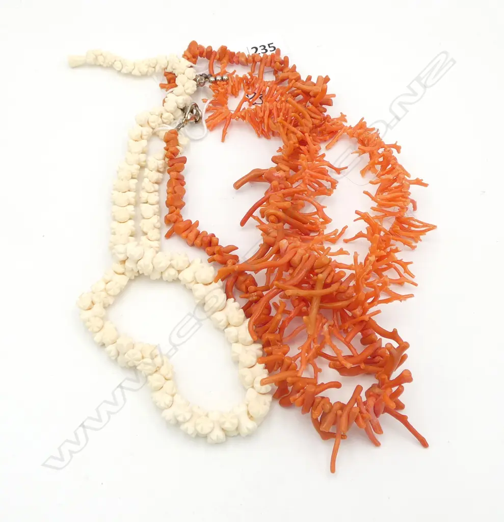 3 NECKLACES; TWO RED CORAL, L.460mm & CARVED BONE BEAD, L.45 (clasp faulted) Image 1++