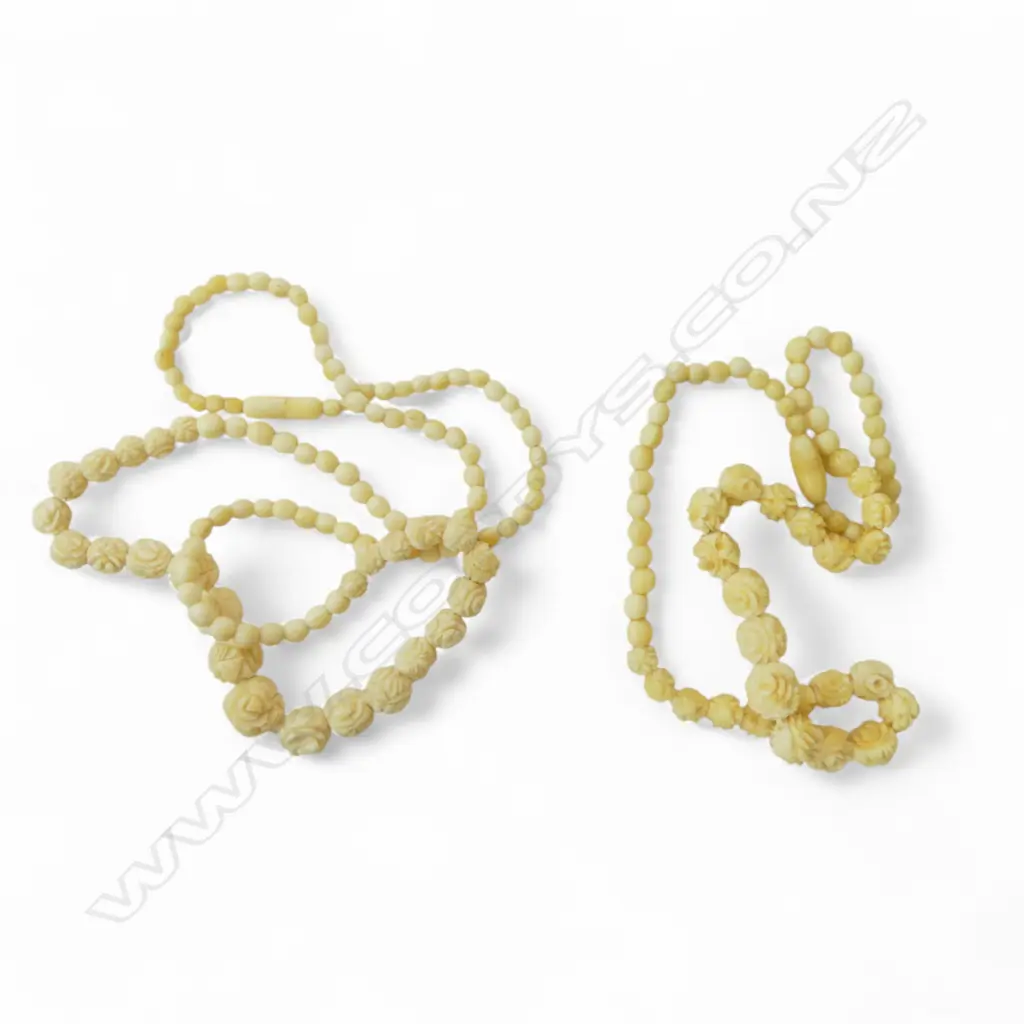 2 vintage carved ivory graduating floral bead necklaces Image 1++