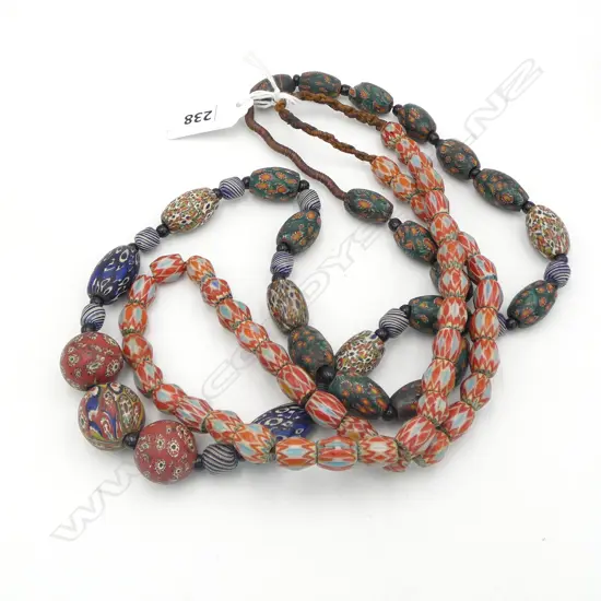 2 NECKLACES; ANTIQUE VENETIAN MILLEFIORI? OR MODERN JAVA IMITATION & INDIAN CHEVRON DESIGN, L.800 & 600mm